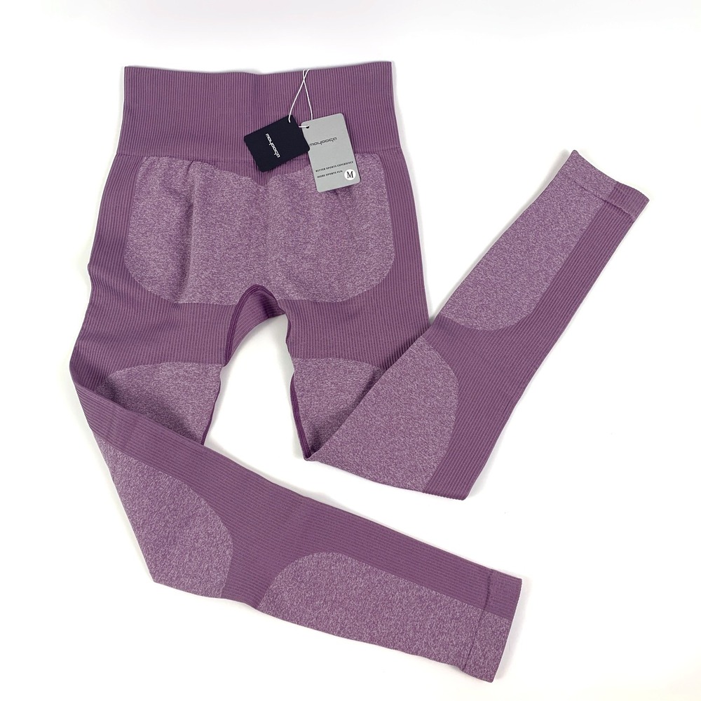 MoYooga Workout Leggings Womens Sz M Lavender Ribbed Paneling Stretch Yoga Pilat